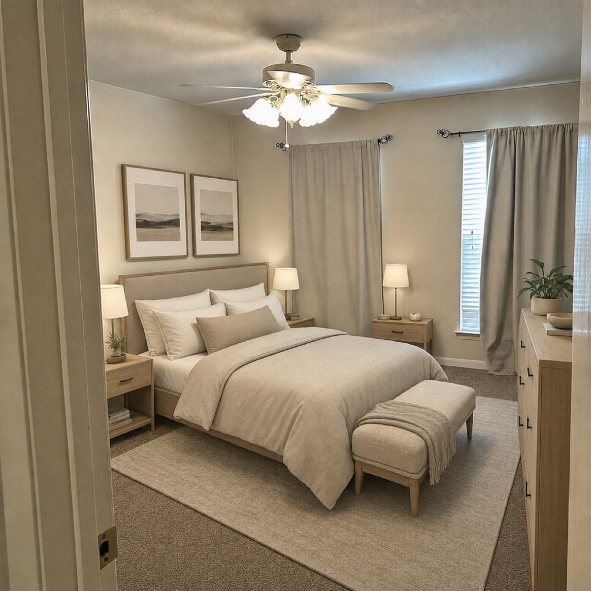 The same bedroom, virtually staged with a queen bed, nightstands and a bench. AI rendering, furniture not included