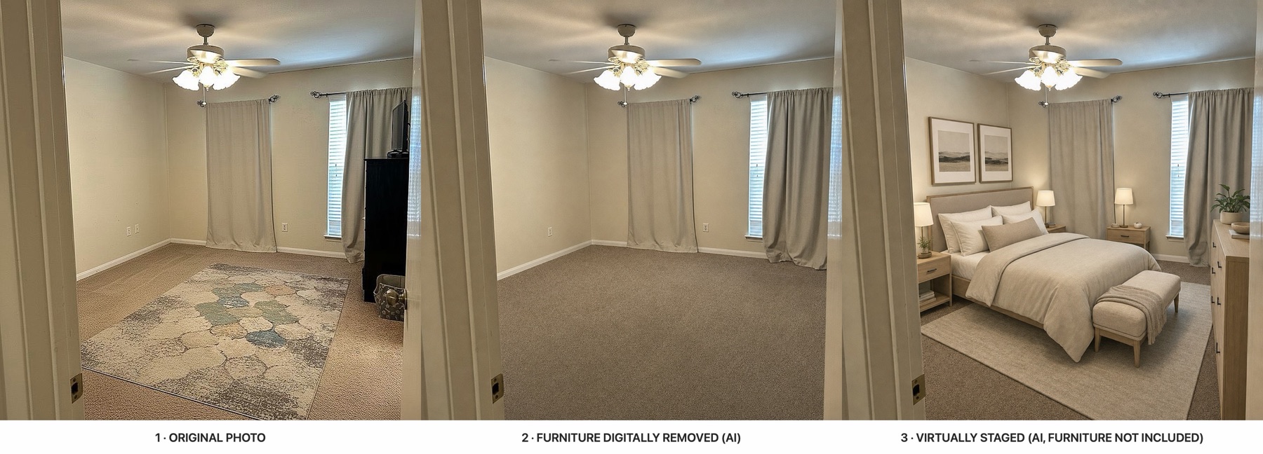 Three panels: the original photo, the same room with furniture digitally removed, and the room virtually staged. Each labelled.